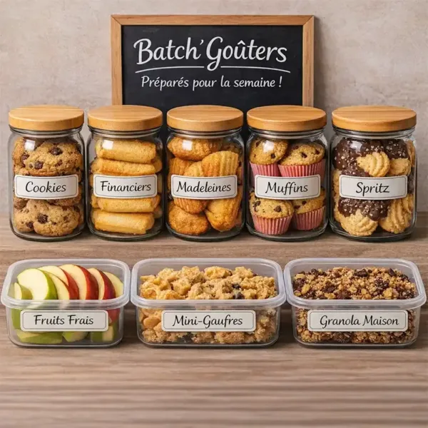 Plusieurs bocaux en verre remplis de biscuits faits maison (cookies, madeleines, muffins) pour un batch cooking de goûters de la semaine.